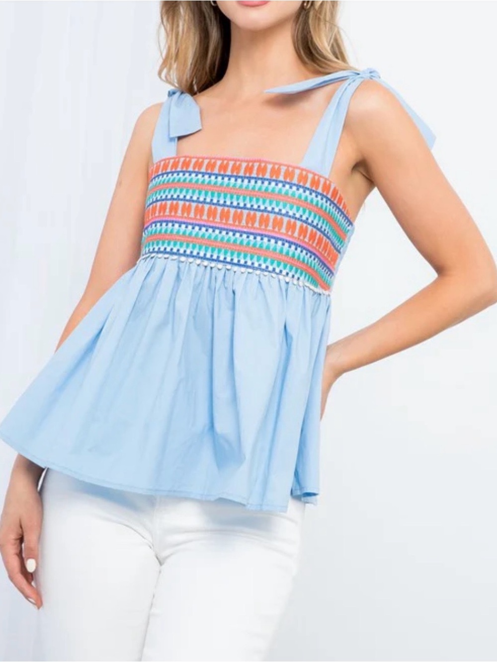 THML Light Blue Smocked Tie-Shoulder Tank Top with Multicolor Trim Size M Poplin